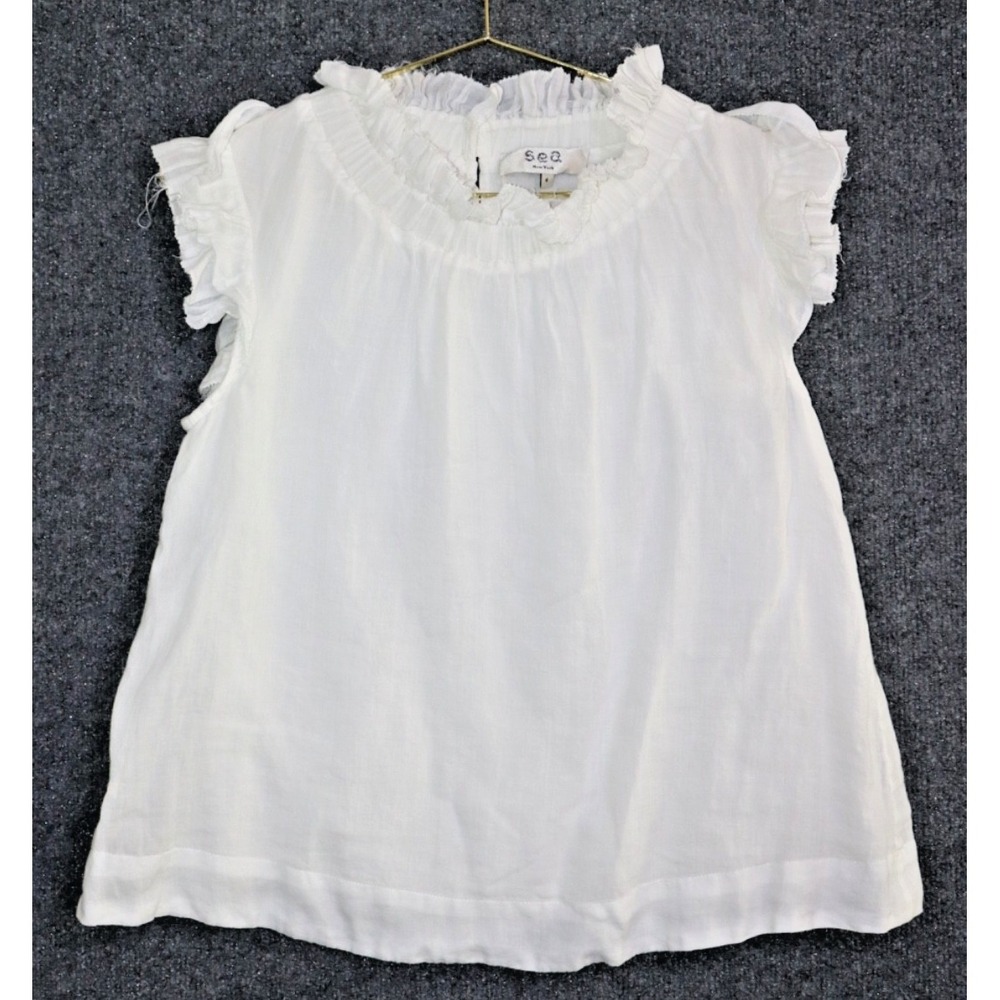 Sea New York Shirt Women 4 White Linen Gauze Frilly Ruffle Fringe Peasant EUC